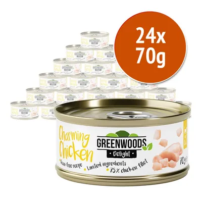 24 lattine da 70 g di Greenwoods Delight Charming Chicken, ricetta senza cereali, ingredienti limitati, 75% filetto di pollo. Testo visibile in inglese sull'etichetta.