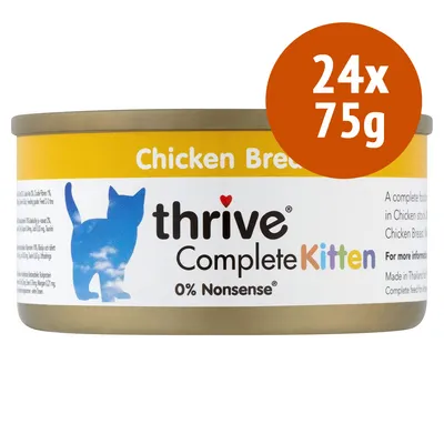 thrive Complete Kitten 0% Nonsense, petto di pollo, confezione da 24x75g. Testo visibile: Chicken Breast, immagine sagoma gatto blu. thrive Complete Kitten 0% Nonsense, petto di pollo, confezione da 24x75g. Testo visibile: Chicken Breast, immagine sagoma gatto blu.