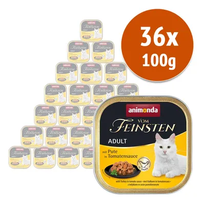 Animonda Vom Feinsten Adult mit Pute in Tomatensauce, confezione da 36 vaschette da 100 g ciascuna, alimento per gatti visibile sull'etichetta.