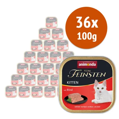 36 vaschette da 100 g di Animonda Vom Feinsten Kitten mit Rind, confezione con immagine di un gatto bianco e carne su piatto. Testo visibile: '36x 100g', 'mit Rind'.