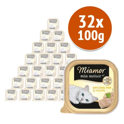 Miamor Milde Mahlzeit Geflügel Pur & Huhn, confezione da 32 vaschette da 100 g ciascuna, immagine della confezione con gatto bianco e pezzi di carne visibili sull'etichetta. Miamor Milde Mahlzeit Geflügel Pur & Huhn, confezione da 32 vaschette da 100 g ciascuna, immagine della confezione con gatto bianco e pezzi di carne visibili sull'etichetta.