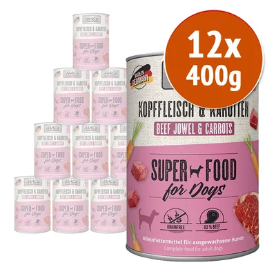 Confezione da 12 lattine MAC's Super Food for Dogs, KopfFleisch & Karotten (Beef Jowel & Carrots), 400 g ciascuna. Testo visibile: grainfree, 93% beef, Made in Germany.