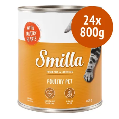 Smilla Poultry Pot, 24x800g, con cuori di pollame, contiene taurina, senza cereali, made in Germany. Testo visibile: Food for a lifetime, contains taurine, grain-free.