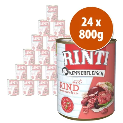 Pack de 24 latas de 800 g de Rinti Kennerfleisch mit Rind, getreidefrei. Imagen muestra las latas apiladas y detalle del envase con carne visible en la etiqueta.