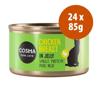 Lata Cosma Pure Love Chicken Breast in Jelly, Single Protein Pure Meat. Texto visível: 24 x 85 g. Lata Cosma Pure Love Chicken Breast in Jelly, Single Protein Pure Meat. Texto visível: 24 x 85 g.