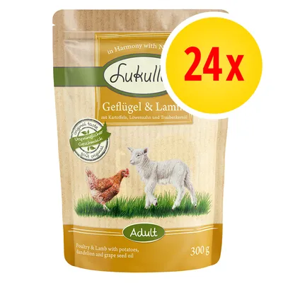 Lukullus Geflügel & Lamm Adult 300 g, balení 24x. Na obalu slepice a jehně, text: Poultry & Lamb with potatoes, dandelion and grape seed oil. Ursprünglicher Geschmack.