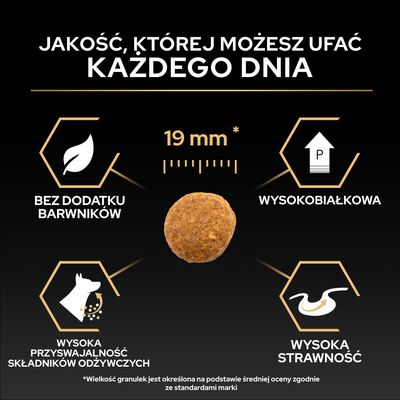 Wielkość krokietów 19 mm, bez dodatku barwników, wysokie wartości białka, wysoka strawność, wysoka przyswajalność składników odżywczych zgodnie z ilustracją.