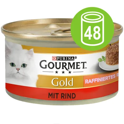 Konzerva Purina Gourmet Gold mit Rind, obrázek bílé kočky, nápis RAFFINIERTES, zelená ikona s číslem 48 znázorňující počet kusů v balení.