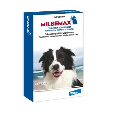 Milbemax tabletten voor honden, milbemycine oxime/praziquantel. Ontwormingsmiddel voor honden vanaf 5 kg. 2 tabletten. Merk: Elanco.