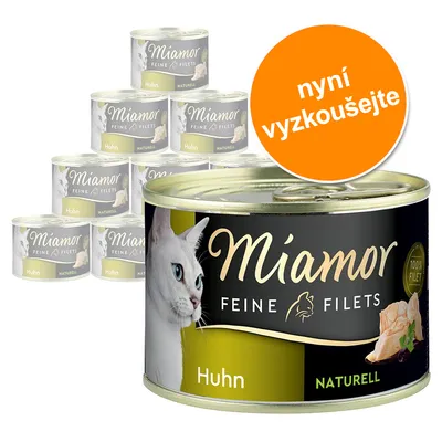 Konzervy Miamor Feine Filets Huhn Naturell, zobrazeno více kusů. Oranžový kruh s textem: nyní vyzkoušejte.