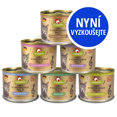 GranataPet Symphonie No.1–6, konzervy pro kočky: Rind & Geflügel, Garnelen & Truthahn, Wild & Huhn, Lachs & Pute, Huhn pur, Kalb & Geflügel. Modrý kruh s textem NYNÍ VYZKOUŠEJTE.