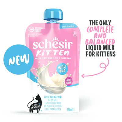 schesir Kitten Mjölk med getmjölk, DHA och taurin, för kattungar från födsel till 2 månader, 150 ml. Komplett och balanserad flytande mjölk för kattungar. Ny.