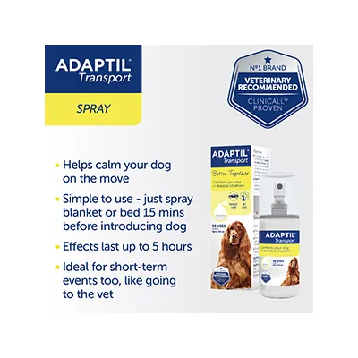 Adaptil Transport Spray helps calm dogs on the move, easy to use by spraying blanket or bed 15 minutes before, effects last up to 5 hours, ideal for short-term events like vet visits.