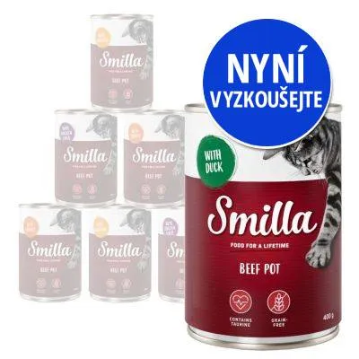 Konzerva Smilla Beef Pot 400 g, nápis WITH DUCK, obsahuje taurin, bez obilovin. Modrý kruh s textem NYNÍ VYZKOUŠEJTE.