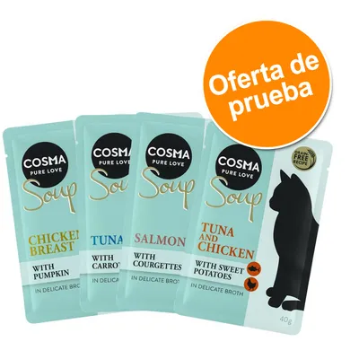 Sobres Cosma Pure Love Soup: Chicken Breast with Pumpkin, Tuna with Carrots, Salmon with Courgettes, Tuna and Chicken with Sweet Potatoes. Oferta de prueba visible en círculo naranja.