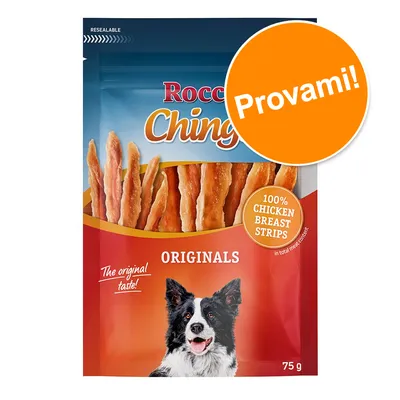 Rocco Chings Originals, 100% chicken breast strips, confezione da 75 g. Testo visibile: Provami!, The original taste! Immagine di un cane sulla confezione.