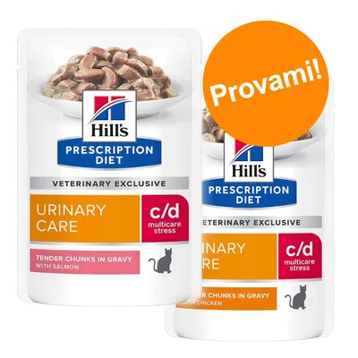 Hill's Prescription Diet Urinary Care c/d multicare stress, bustine con scritte 'Tender Chunks in Gravy with Salmon' e 'with Chicken', bollino arancione con testo 'Provami!'.