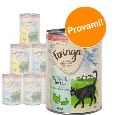 Feringa Rabbit & Turkey with sea buckthorn & catnip, ADULT 400 g. Testo arancione: Provami! Lattine di cibo per gatti visibili sullo sfondo. Feringa Rabbit & Turkey with sea buckthorn & catnip, ADULT 400 g. Testo arancione: Provami! Lattine di cibo per gatti visibili sullo sfondo.