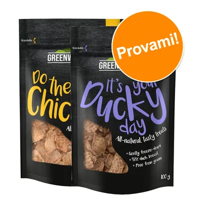 Due confezioni GREENWOODS snack per animali: 'Do the Chick' e 'It's your Ducky day', 100 g, con finestrella trasparente. Bollino arancione con testo: Provami!