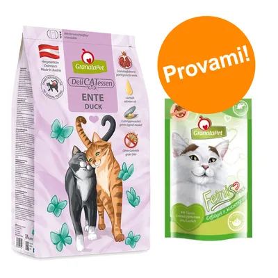 GranataPet DeliCATessen ENTE DUCK crocchette per gatti, semi di melagrana, olio di salmone, senza cereali. A destra: snack GranataPet Feinis. Cerchio arancione con testo: Provami!