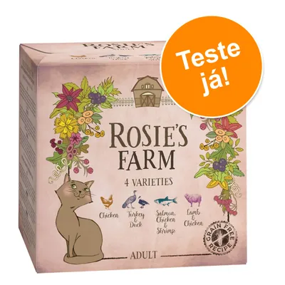 Embalagem de comida para gatos Rosie’s Farm Adult, 4 variedades: frango, peru e pato, salmão frango e camarão, borrego e frango. Texto visível: 'Teste já!'. Receita sem cereais.