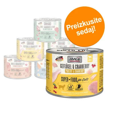 Več pločevink MAC's Super Food for Cats, vidna različica Geflügel & Cranberry. Na oranžnem krogu besedilo: Preizkusite sedaj!