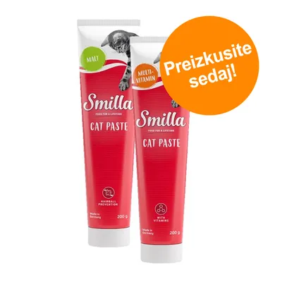 Dve tubi Smilla Cat Paste, ena z oznako Malt, druga Multivitamin. Vidno: Hairball Prevention, With Vitamins, Made in Germany, 200 g. Oranžen krog z besedilom Preizkusite sedaj!