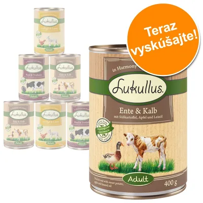 Lukullus Ente & Kalb Adult 400 g, konzerva s kačacím a teľacím mäsom. Viditeľné aj ďalšie príchute Lukullus. Oranžový kruh s textom: Teraz vyskúšajte!