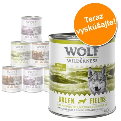 Konzervy Wolf of Wilderness, varianty Green Fields, Oak Woods, Wild Hills. Text na etikete: 100% grain-free. Oranžový kruh s nápisom: Teraz vyskúšajte!