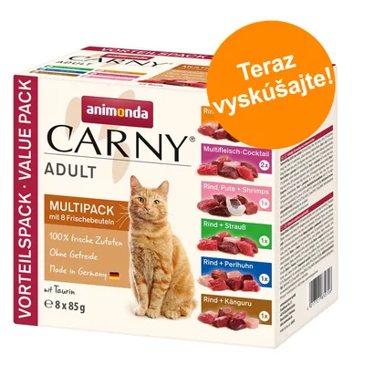 Animonda Carny Adult multipack pre mačky, 8×85 g. Viditeľné príchute: multifleisch-cocktail, hovädzie, morčacie a krevety, hovädzie a pštros, hovädzie a perlička, hovädzie a kengura.