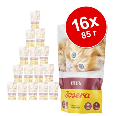 Набор из 16 паучей по 85 г Josera Kitten для котят. На упаковке изображён рыжий котёнок, видны надписи: Josera, Kitten, Made in Germany, Anti-Hairball, Grain free.