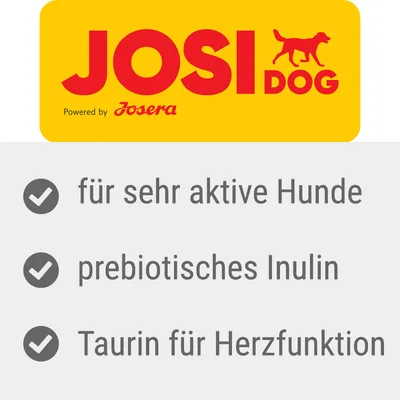JosiDog powered by Josera. Für sehr aktive Hunde, prebiotisches Inulin, Taurin für Herzfunktion.