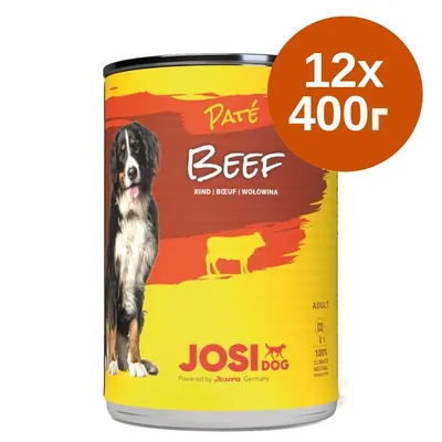 Консерва JosiDog Paté Beef за кучета, говеждо месо, 12x400 г. Видими надписи: RIND | BEEF | WOŁOWINA, ADULT, 100% CLIMATE NEUTRAL PRODUCT, Powered by Josera Germany.