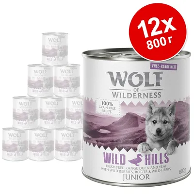 12 консерви Wolf of Wilderness Wild Hills Junior, 800 г. Видим текст: 100% grain-free recipe, fresh free-range duck and veal with wild berries, roots & wild herbs. 12 консерви Wolf of Wilderness Wild Hills Junior, 800 г. Видим текст: 100% grain-free recipe, fresh free-range duck and veal with wild berries, roots & wild herbs.