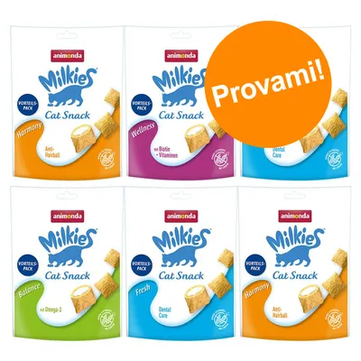 Sei confezioni di snack per gatti animonda Milkies Cat Snack: Harmony Anti-Hairball, Wellness con biotina e vitamine, Dental Care, Balance con Omega-3, Fresh Dental Care. Cerchio arancione: Provami!