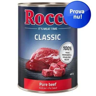 Rocco Classic Pure beef 400 g, text: IT'S MEAT TIME, 100% fresh ingredients & grain-free recipe, Prova nu!