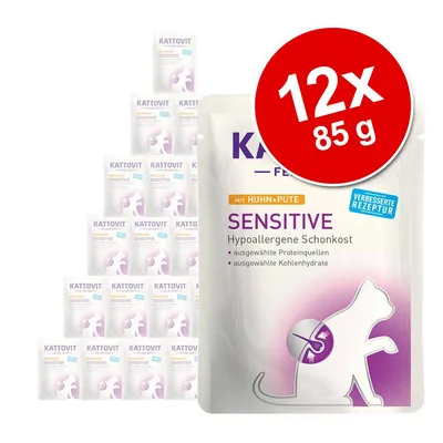 Kattovit Sensitive s kuracím a morčacím, hypoalergénne krmivo pre mačky, 12×85 g. Vybrané proteínové a sacharidové zdroje, vylepšená receptúra.