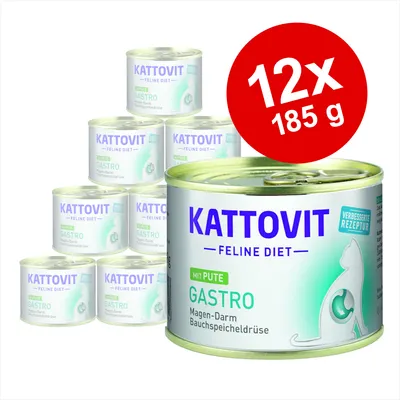12 latas de 185 g de Kattovit Feline Diet Gastro mit Pute. Texto visível: 'Verbesserte Rezeptur', 'Magen-Darm Bauchspeicheldrüse'. Embalagem com imagem de gato. 12 latas de 185 g de Kattovit Feline Diet Gastro mit Pute. Texto visível: 'Verbesserte Rezeptur', 'Magen-Darm Bauchspeicheldrüse'. Embalagem com imagem de gato.