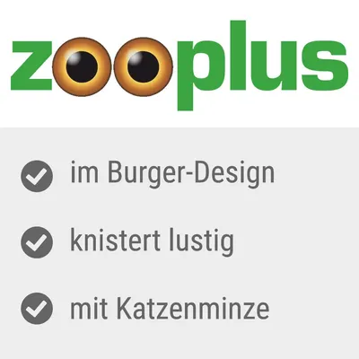 Zooplus. Lastnosti izdelka: v obliki burgerja, zabavno šelesti, s mačjo meto.