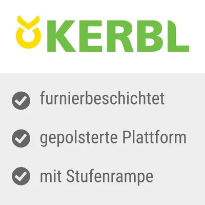 KERBL. Текст на немецком: furnierbeschichtet, gepolsterte Plattform, mit Stufenrampe.