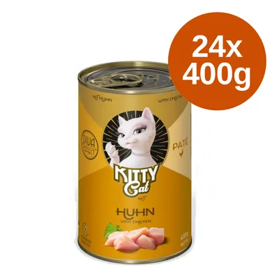 Kitty Cat Paté with chicken, 24x400g. DIVA Effect, image of chicken pieces and cat on the can.