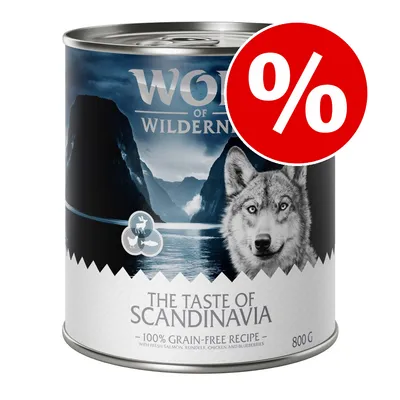 Wolf of Wilderness The Taste of Scandinavia, 100 % viljaton resepti, 800 g säilykepurkki. Tarjouksen merkki näkyvissä.