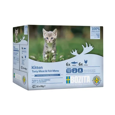 Kitten Tasty Meat & Fish Menu, 12 x 85g. Contains 6 salmon and 6 chicken pouches. Grain free recipe, Swedish natural ingredients, easy digestion, 100% animal protein.