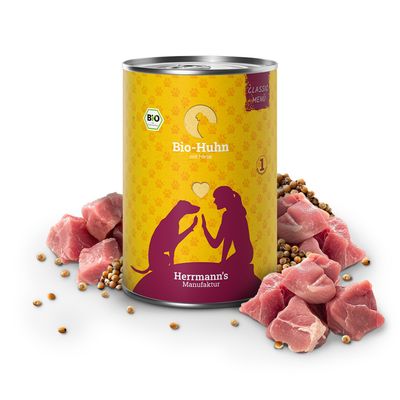Herrmann's Manufaktur Bio-pollo con miglio, Classic Menü. Alimento complementare per cani, prodotto con ingredienti biologici. Prodotto biologico certificato.
