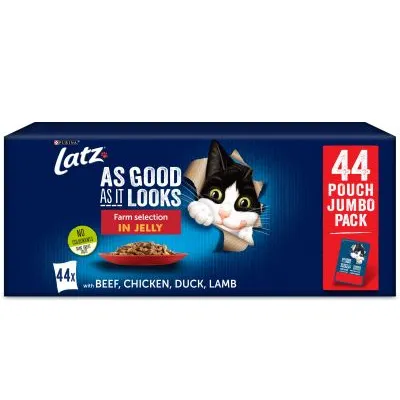 Latz As Good As It Looks Farm selection in jelly, 44 portions. Med nötkött, kyckling, anka, lamm. 44 Pouch Jumbo Pack. Ingen tillsatt konstgjord smak eller färg.