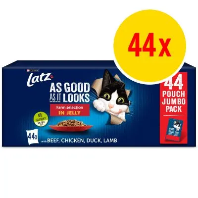 Latz As Good As It Looks Farm selection in jelly, 44x portionspåsar med nötkött, kyckling, anka, lamm. Stor gul cirkel med texten 44x. Text: 44 pouch jumbo pack.