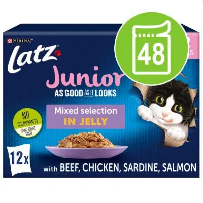 Latz Junior Mixed selection in jelly, 48 portions. Smaker: nötkött, kyckling, sardiner, lax. Ingen färgämne. Text på engelska: As good as it looks, no colourants, same great taste.