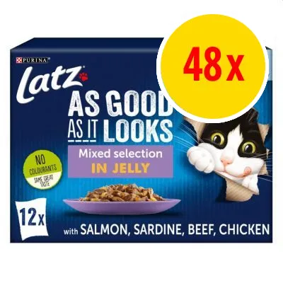 Purina Latz As Good As It Looks Mixed selection in jelly, 48x. Med lax, sardiner, nötkött, kyckling. Ingen färgämne. Text på engelska.