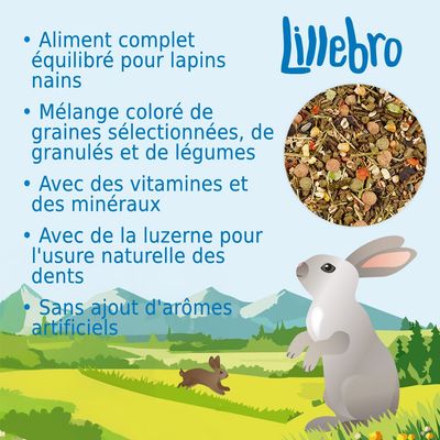 Lillebro. Aliment complet équilibré pour lapins nains, mélange de graines, granulés et légumes, avec vitamines, minéraux, luzerne pour l’usure des dents, sans arômes artificiels ajoutés.