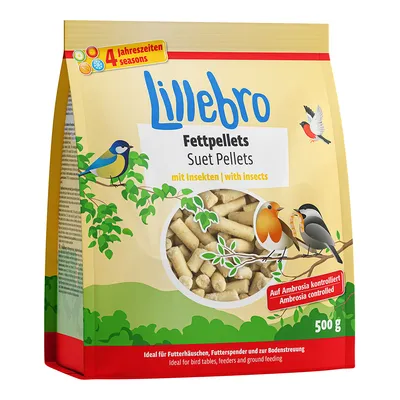 Lillebro Fettpellets Suet Pellets mit Insekten, 500 г. Контролирано съдържание на амброзия. Подходящо за всички сезони. Видими пелети и илюстрации на птици. Lillebro Fettpellets Suet Pellets mit Insekten, 500 г. Контролирано съдържание на амброзия. Подходящо за всички сезони. Видими пелети и илюстрации на птици.